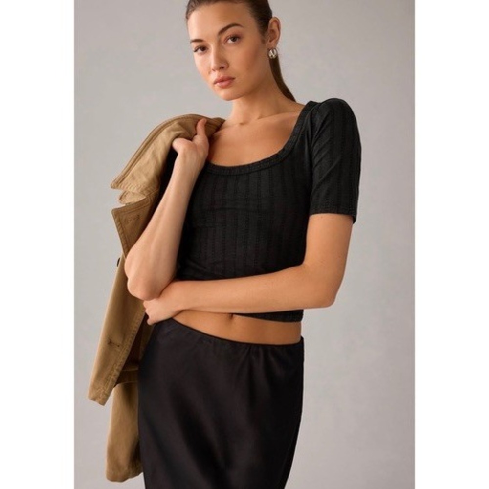 Anthropologie Pilcro Black Pointelle Ribbed Scoop Neck Top MP Petite New